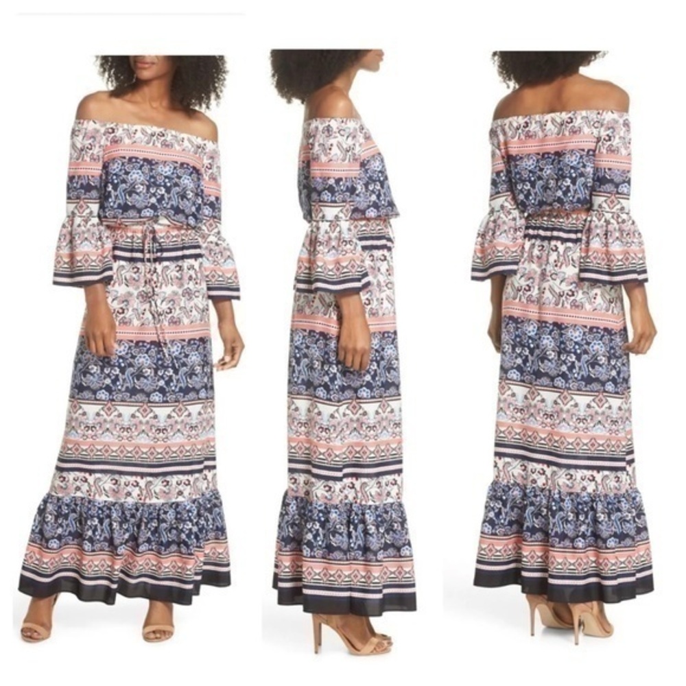 Eliza J off the shoulder paisley stripe bell sleeve maxi dress 22W TT3